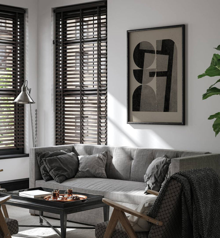 Stylish living room featuring PAPER CUT NO.7, GEOMETRIC ART PRINTS, enhancing modern decor with vibrant designs.