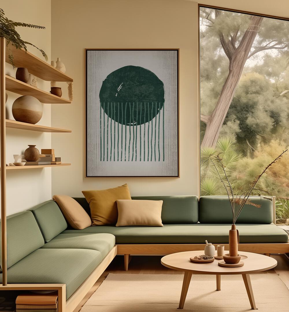 Stylish living room featuring EMERALD ROUND JELLYFISH, GEOMETRIC ART PRINTS that enhance the modern decor.