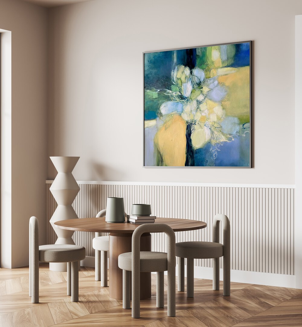 Vibrant SNAPDRAGON, ABSTRACT PAINTINGS enhancing a modern dining space with colorful artistry and contemporary design.