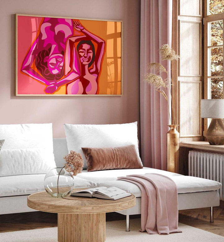 Vibrant artwork from MARIA A KARLA, PORTRAITS showcasing emotion and artistry in a stylish living room setting.