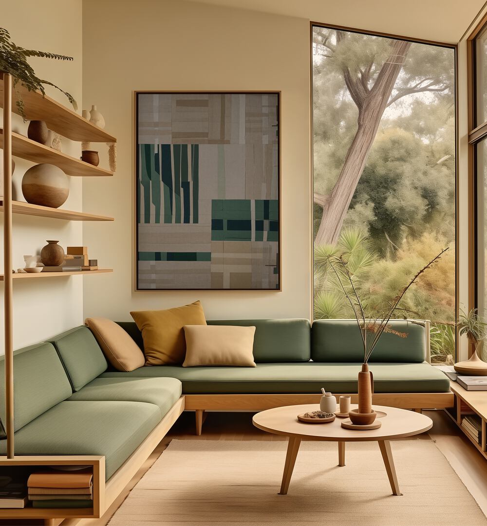 Stylish living room featuring MODERNIST PAPER CUT COLLAGE, ABSTRACT PAINTINGS, enhancing contemporary decor.