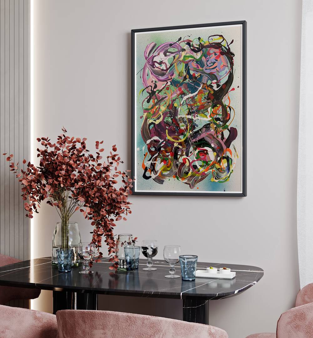 Vibrant MEIYO ABSTRACT PAINTINGS enhance a stylish dining area, blending color and sophistication in home decor.