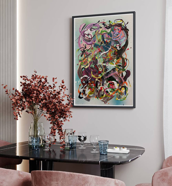 Vibrant MEIYO ABSTRACT PAINTINGS enhance a stylish dining area, blending color and sophistication in home decor.