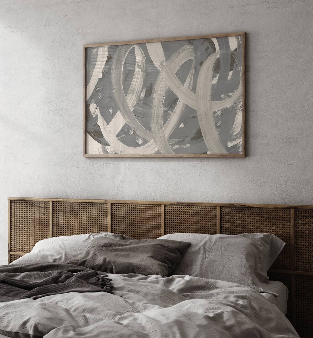 Stylish TRAILS BEHIND, ABSTRACT PAINTINGS enhance modern bedroom aesthetics with captivating, dynamic designs.