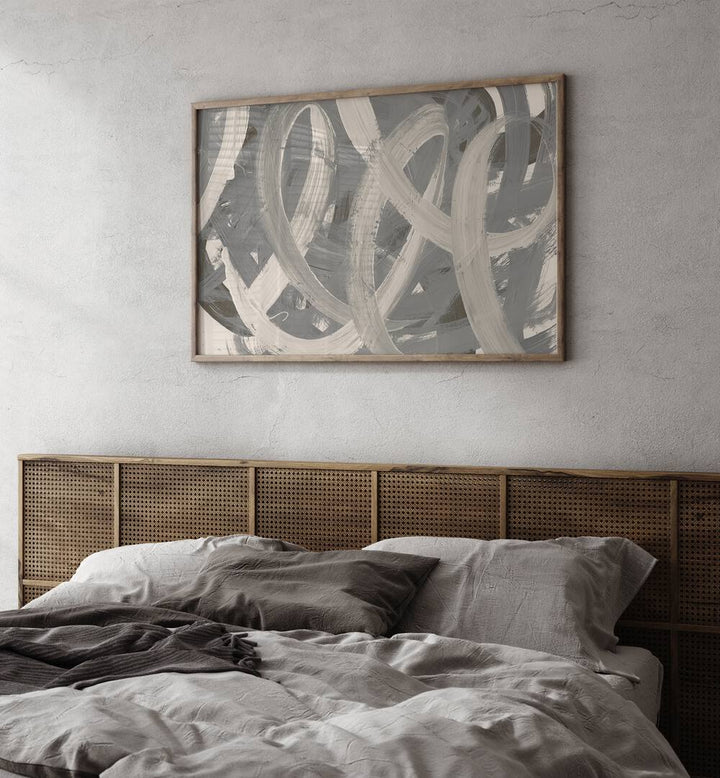 Stylish TRAILS BEHIND, ABSTRACT PAINTINGS enhance modern bedroom aesthetics with captivating, dynamic designs.