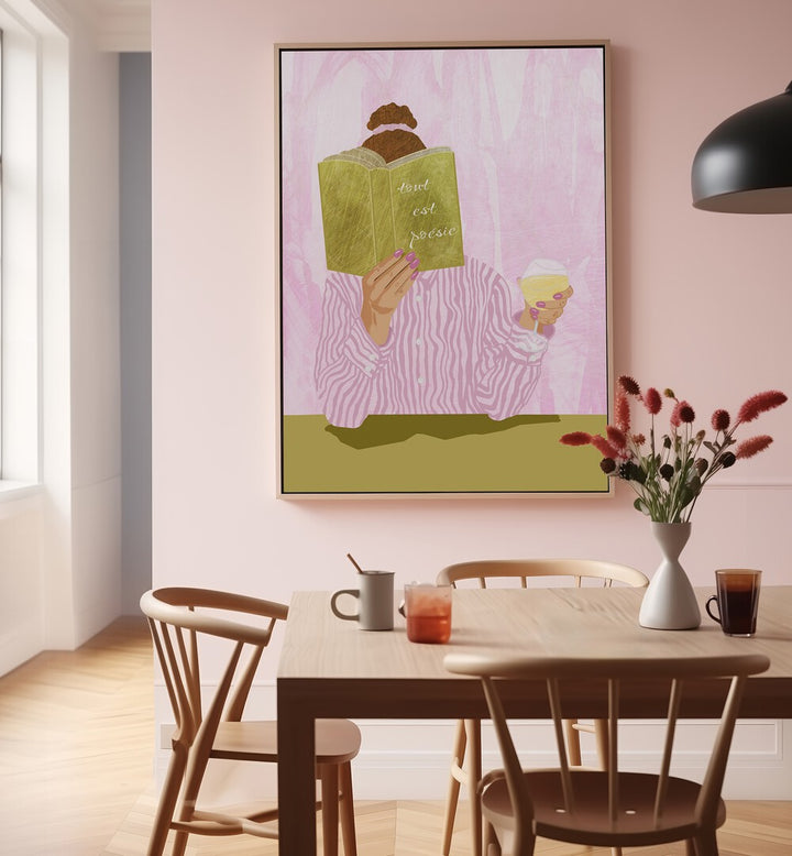 Stylish dining area featuring TOUT EST POESIE, FASHION POSTERS, adding artistic elegance and creativity to the decor.