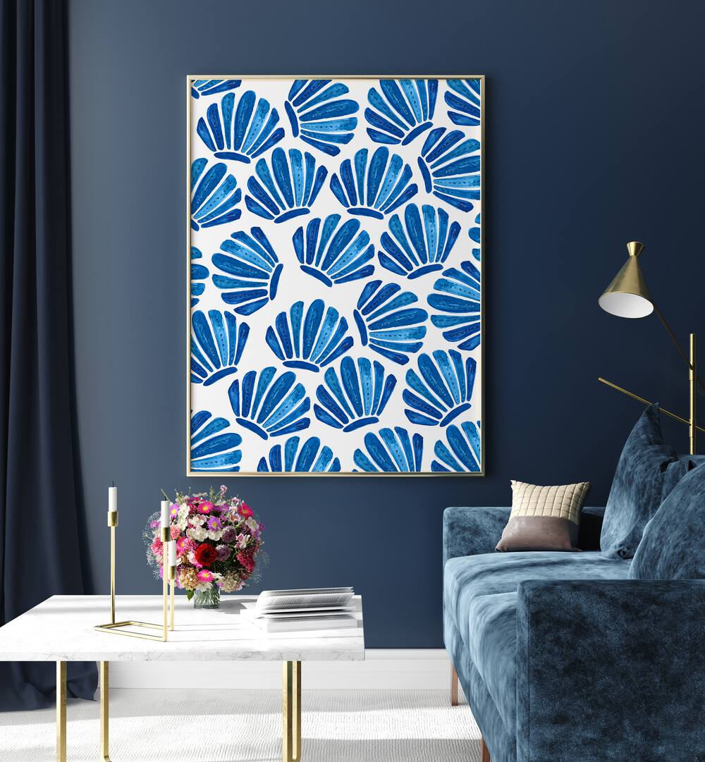 Transform your space with SHELL, BEACH PAINTINGS featuring intricate blue shell designs for a coastal vibe.
