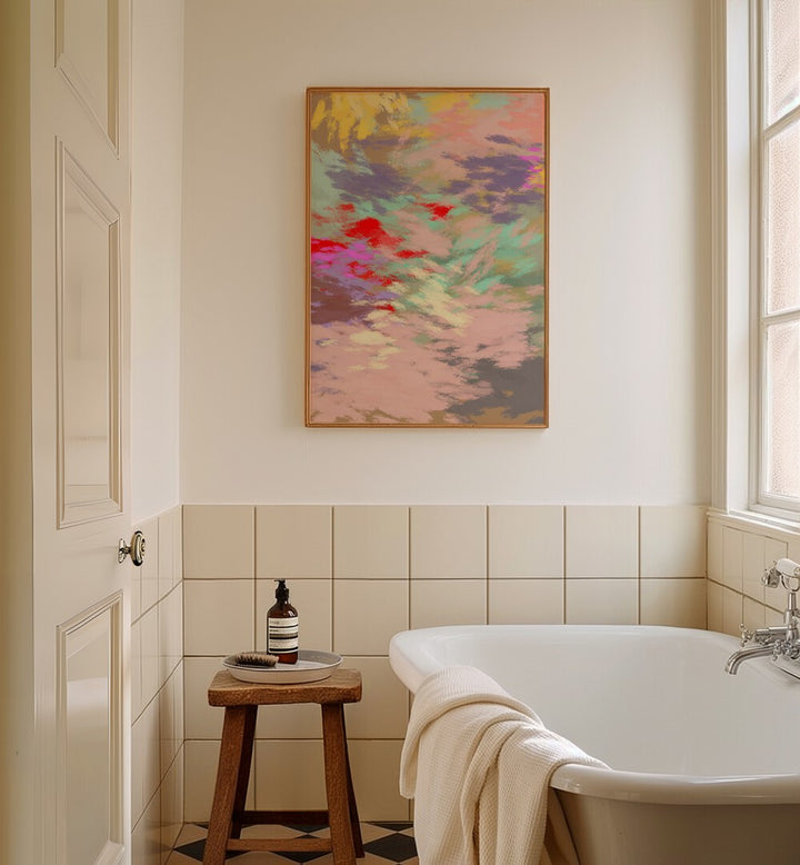 Bright and calming LAZY SUMMER DAYS III, ABSTRACT PAINTINGS, enhancing relaxation in a serene bathroom setting.