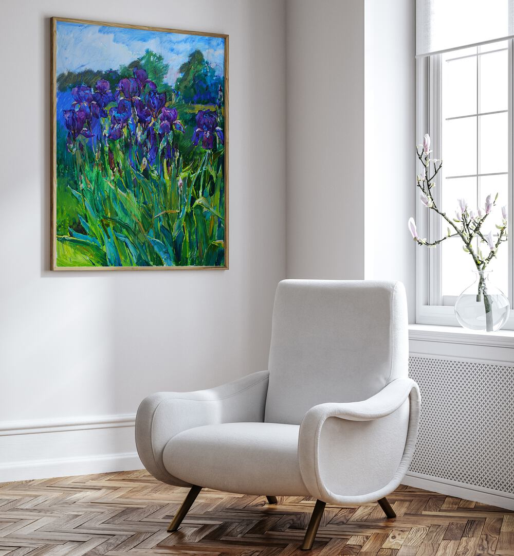 Vibrant IRISES I, FLORAL FLOWER PAINTINGS brighten modern decor with their elegant iris design, bringing nature indoors.