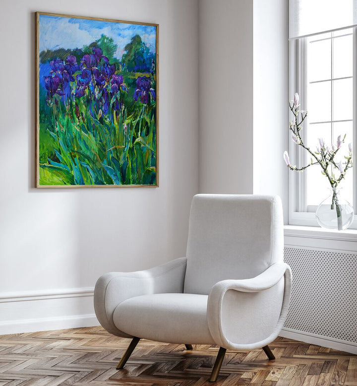 Vibrant IRISES I, FLORAL FLOWER PAINTINGS brighten modern decor with their elegant iris design, bringing nature indoors.