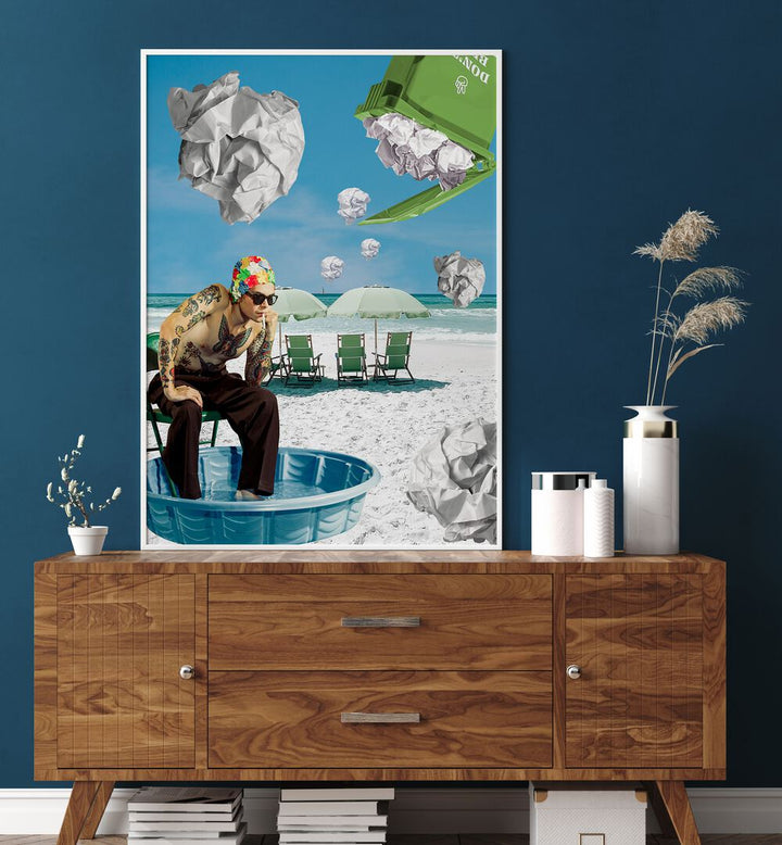 Surreal art print "PAPER BEACH" adds a whimsical touch to your beach decor, perfect for sun-soaked adventures.