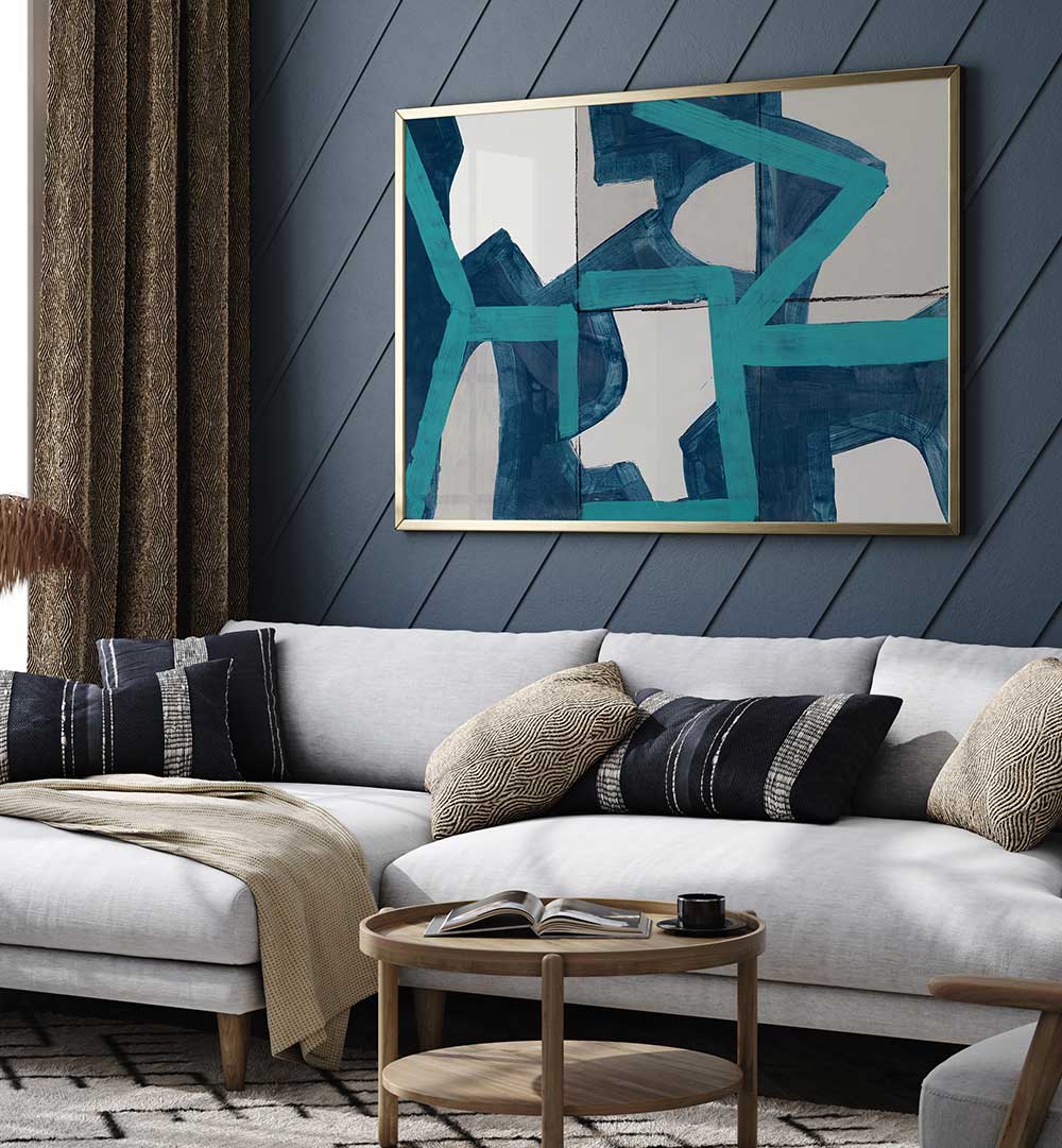 Stylish METRIC BLUE Geometric Art Prints enhance modern living spaces with vibrant 2D and 3D designs.