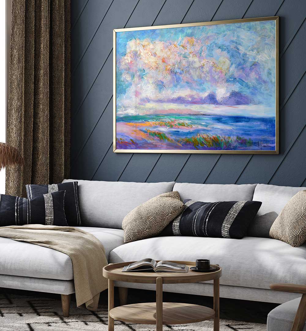 NATURE INSPIRED , LANDSCAPE PAINTINGS framed vibrant coastal seascape above modern living room sofa