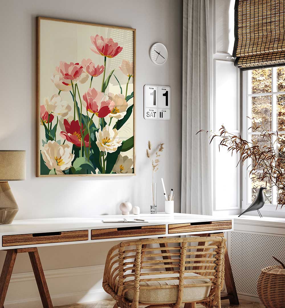 CORAL TULIPS IN BLOOM , FLORAL FLOWER PAINTINGS