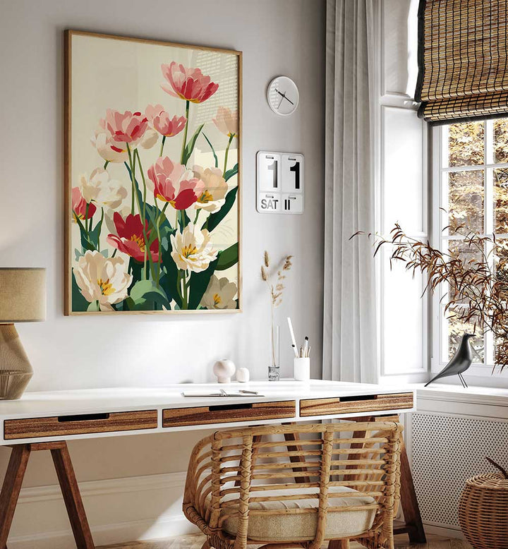 CORAL TULIPS IN BLOOM , FLORAL FLOWER PAINTINGS