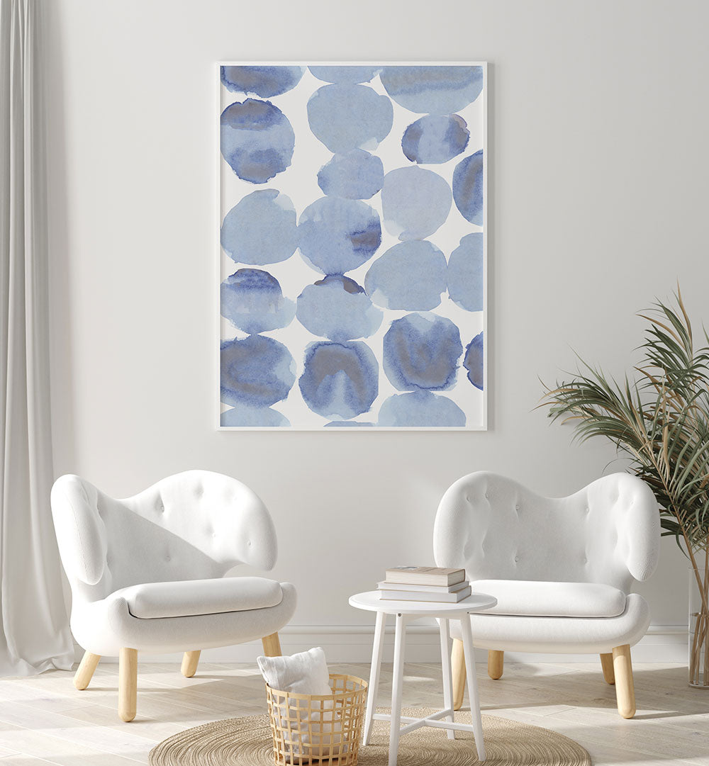 Stunning BLUE VIOLET GRIS WATERCOLOUR I, ABSTRACT PAINTINGS adorns a modern living space with vibrant blue and violet hues.