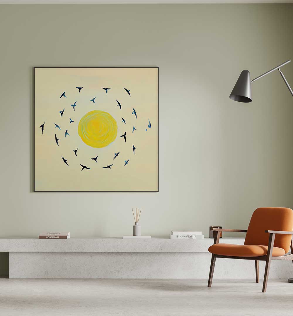 FLY AWAY WITH ME , KIDS ROOM PAINTINGS featuring birds flying around a bright yellow sun in a modern room setting