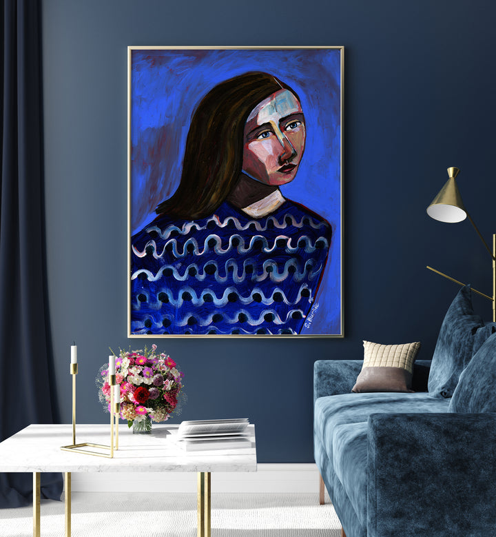 woman in blue sweater ii women illustration paintings Artwork IV placed on a wall