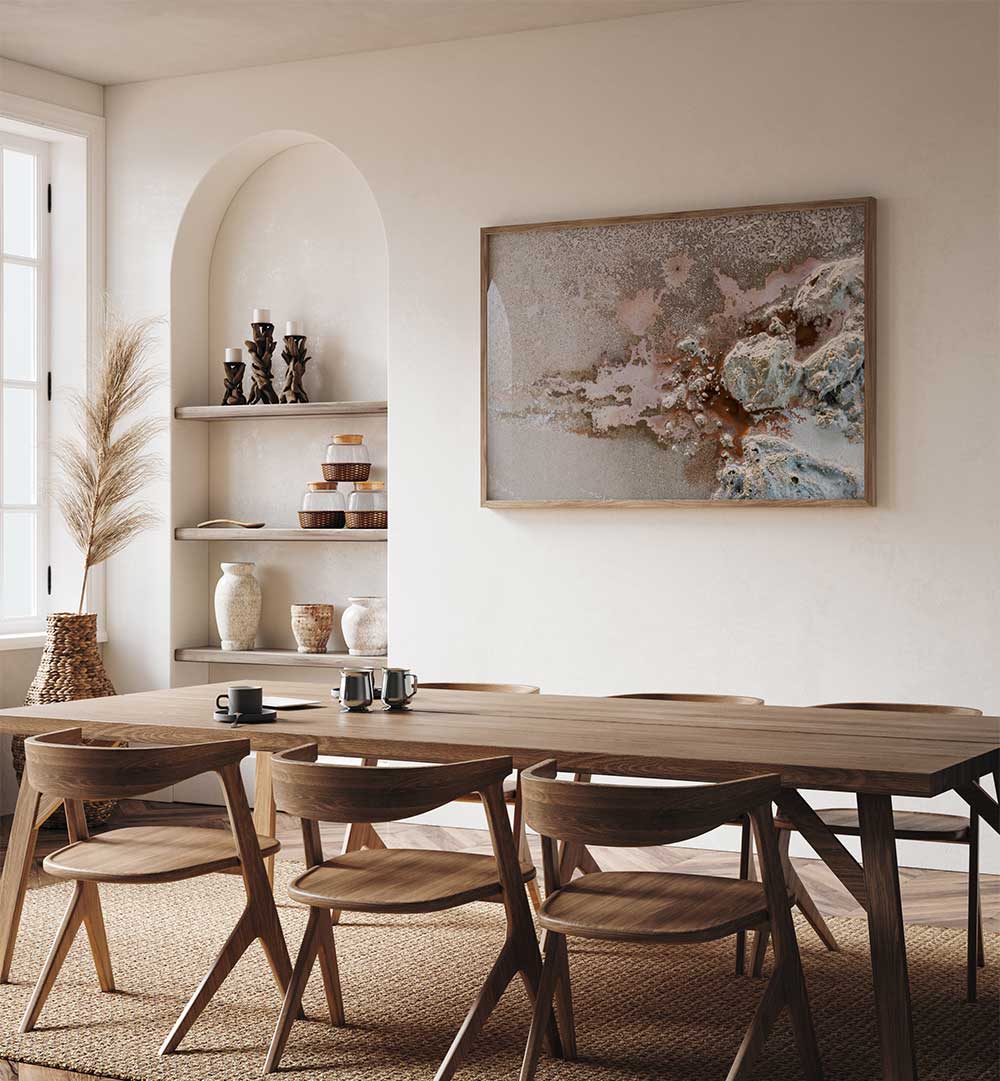 Vibrant WONDERLUST, ABSTRACT PAINTINGS enhance the modern dining space with color and creativity. Perfect for any decor.