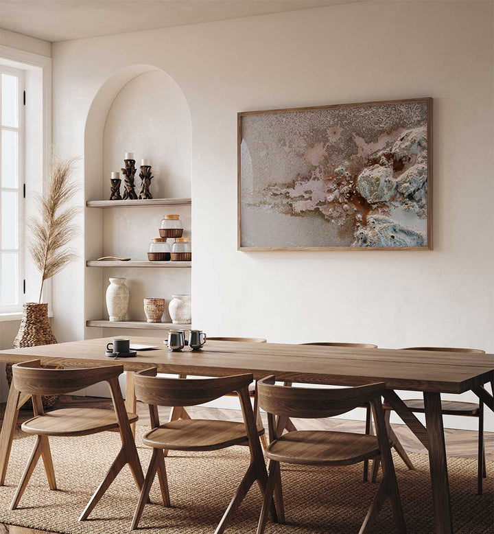 Vibrant WONDERLUST, ABSTRACT PAINTINGS enhance the modern dining space with color and creativity. Perfect for any decor.