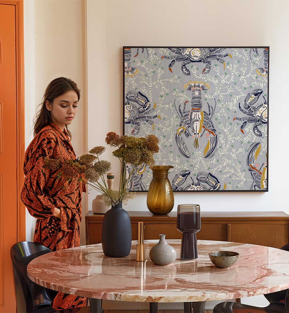 Stylish decor featuring LOBSTER AND CRAB COASTAL IV, BEACH PAINTINGS, enhancing coastal-inspired interiors beautifully.