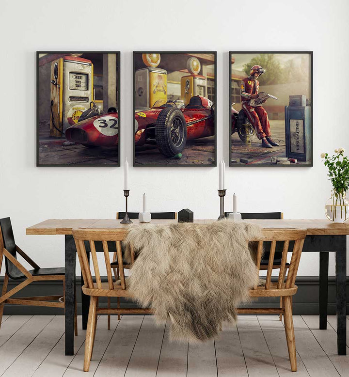 CLASSIC PIT STOP , SET OF 3 PAINTINGS