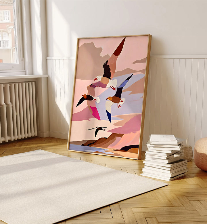 SOARING SILHOUETTE SEAGULLS , WILDLIFE PAINTINGS