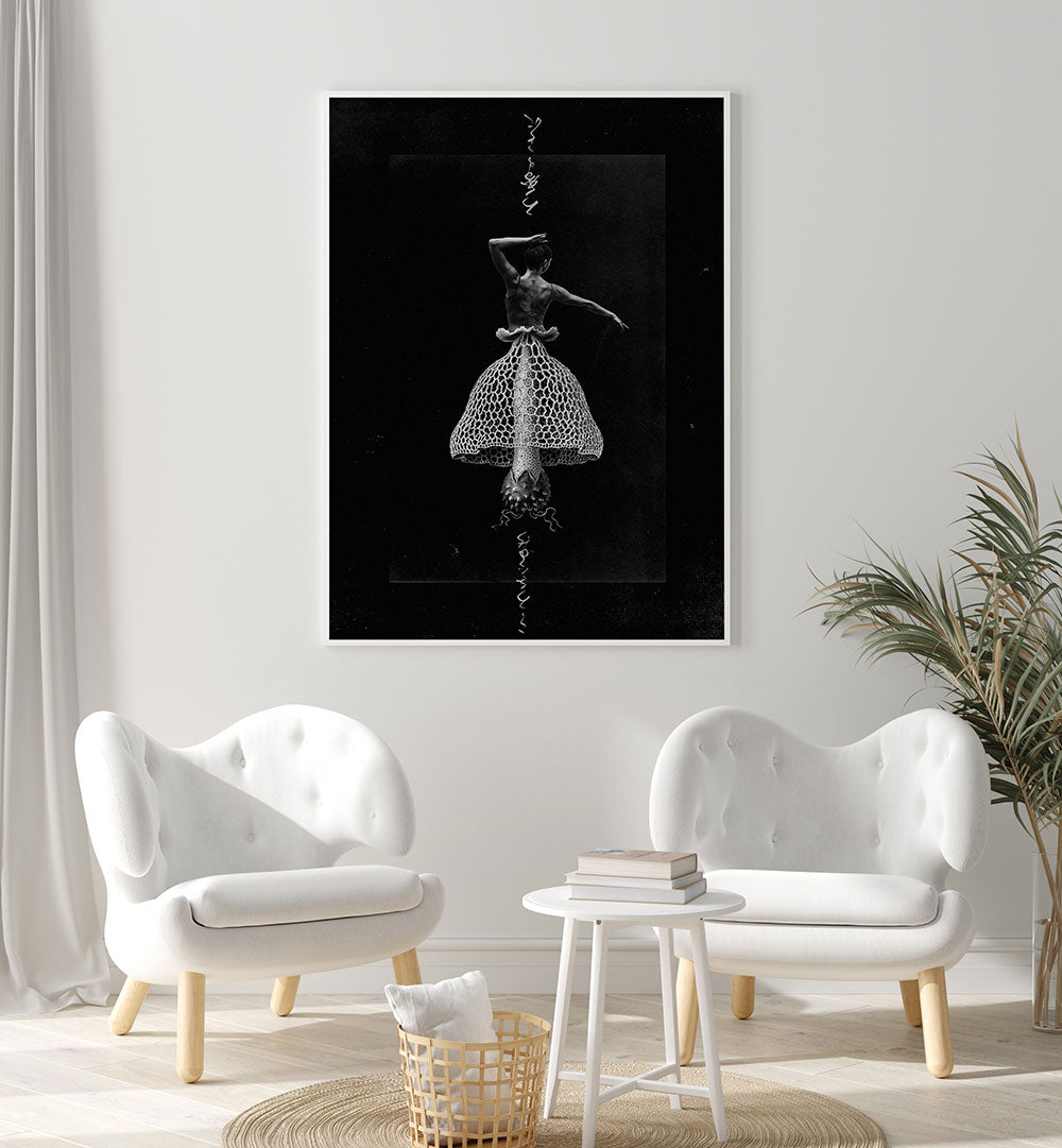 Surreal art print "DANCE WITH ME" featuring a dancer in a unique outfit, perfect for modern decor.