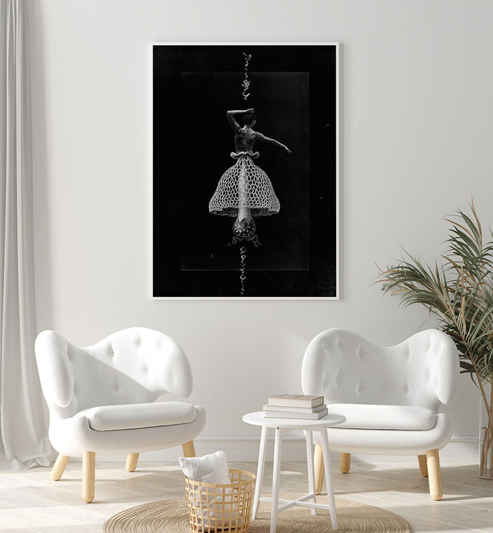 Surreal art print "DANCE WITH ME" featuring a dancer in a unique outfit, perfect for modern decor.
