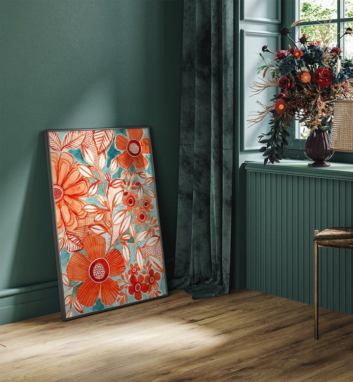 RED DAISIES WITH AQUA , FLORAL FLOWER PAINTINGS