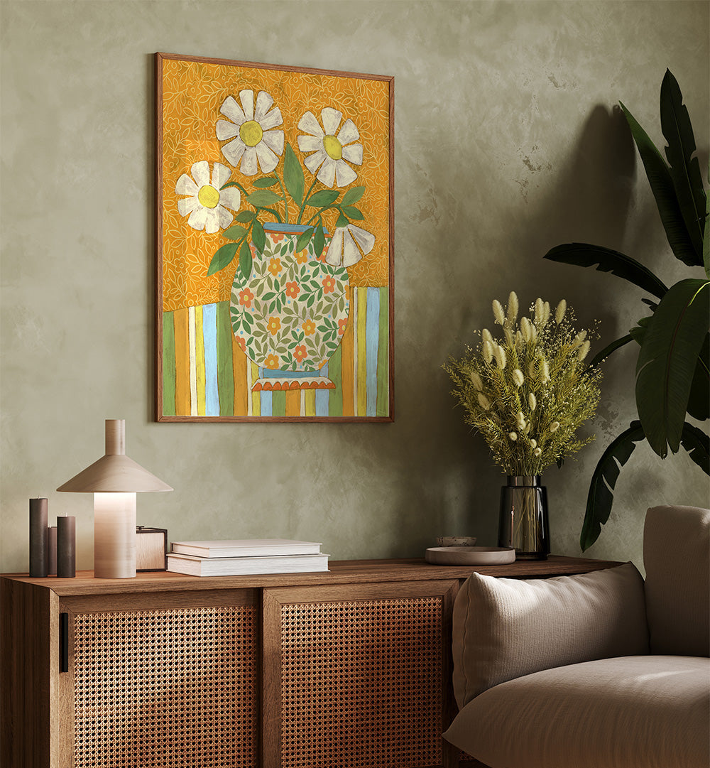 WHITE DAISIES IN A PATTERNED VASE , FLORAL FLOWER PAINTINGS