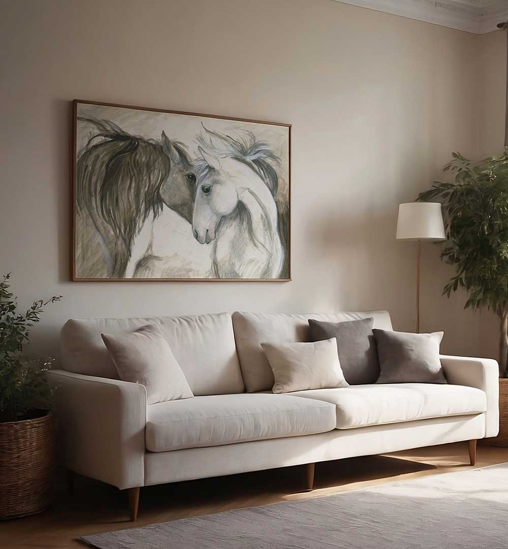 TENDER CONNECTION BETWEEN TWO HORSES , ANIMAL PAINTINGS