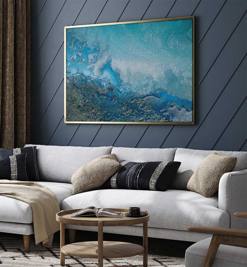 Transform your space with SOFT CYAN WATERS, ABSTRACT PAINTINGS, showcasing tranquil hues in a modern setting.