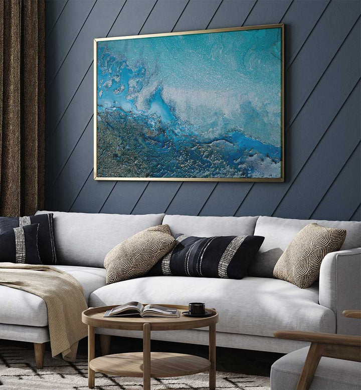 Transform your space with SOFT CYAN WATERS, ABSTRACT PAINTINGS, showcasing tranquil hues in a modern setting.