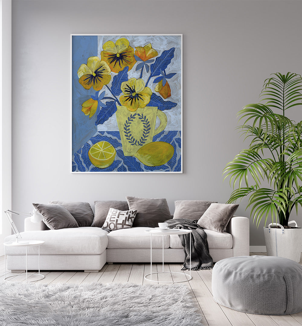 YELLOW PANSIES AND LEMONS , FLORAL FLOWER PAINTINGS
