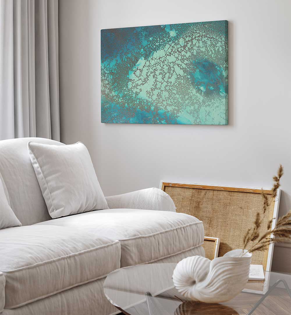 Vibrant INTRICATE RIDDLE, ABSTRACT PAINTINGS adorn the wall, enhancing the room's elegance and sophistication.