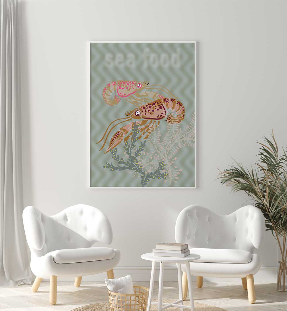 Colorful SEA FOOD V, BEACH PAINTINGS adorn a wall, enhancing coastal decor with vibrant marine life artistry.