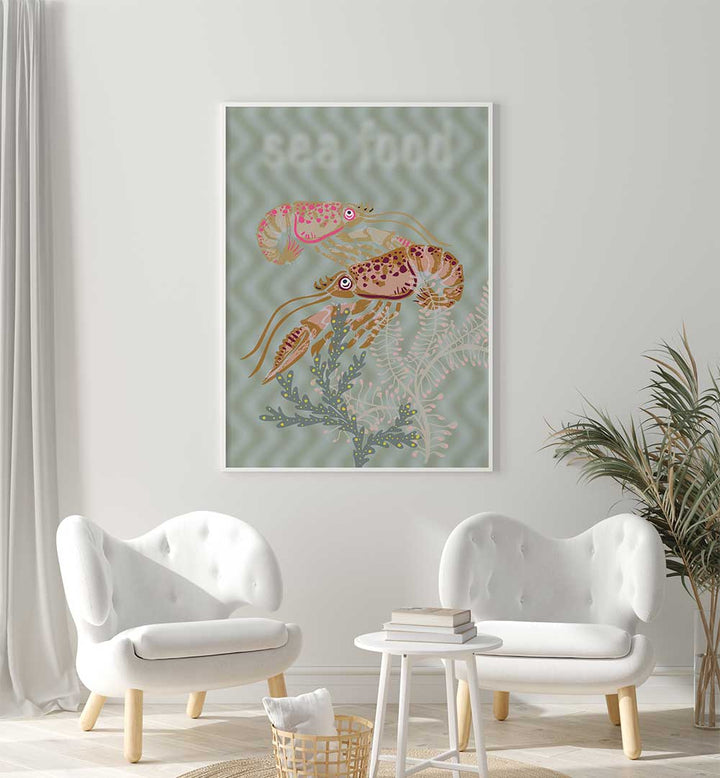 Colorful SEA FOOD V, BEACH PAINTINGS adorn a wall, enhancing coastal decor with vibrant marine life artistry.