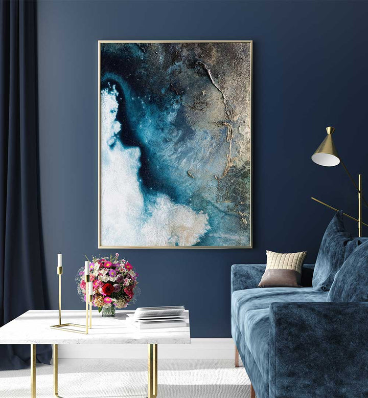 Modern living room featuring THE EDGE, ABSTRACT PAINTINGS, showcasing captivating colors and contemporary artistry.