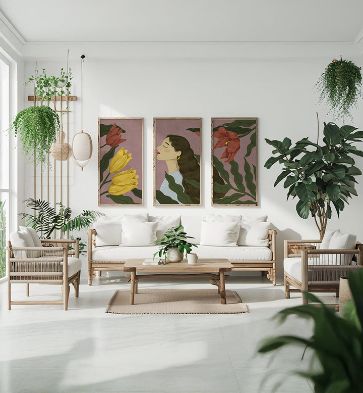 WOMAN SURRONDED BY NATURE , SET OF 3 PAINTINGS
