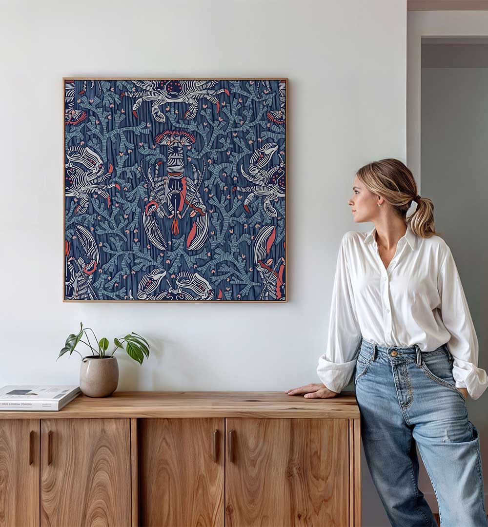 Vibrant LOBSTER AND CRAB NOSTALGIA I beach painting enhances coastal charm in any living space.