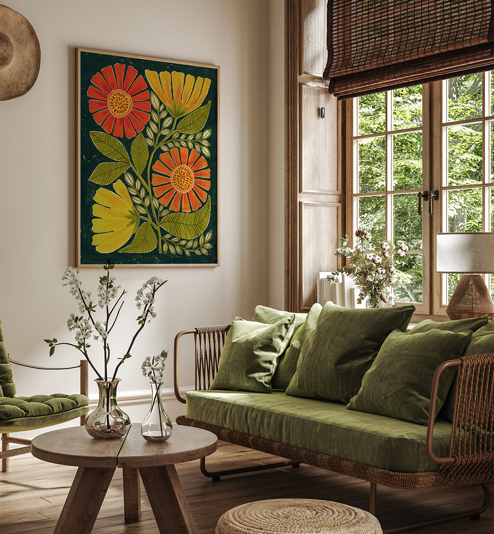 VIBRANT ORANGE AND YELLOW FLOWERS , FLORAL FLOWER PAINTINGS