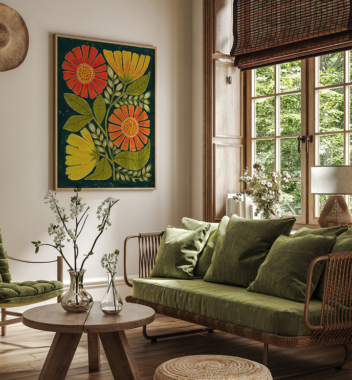 VIBRANT ORANGE AND YELLOW FLOWERS , FLORAL FLOWER PAINTINGS