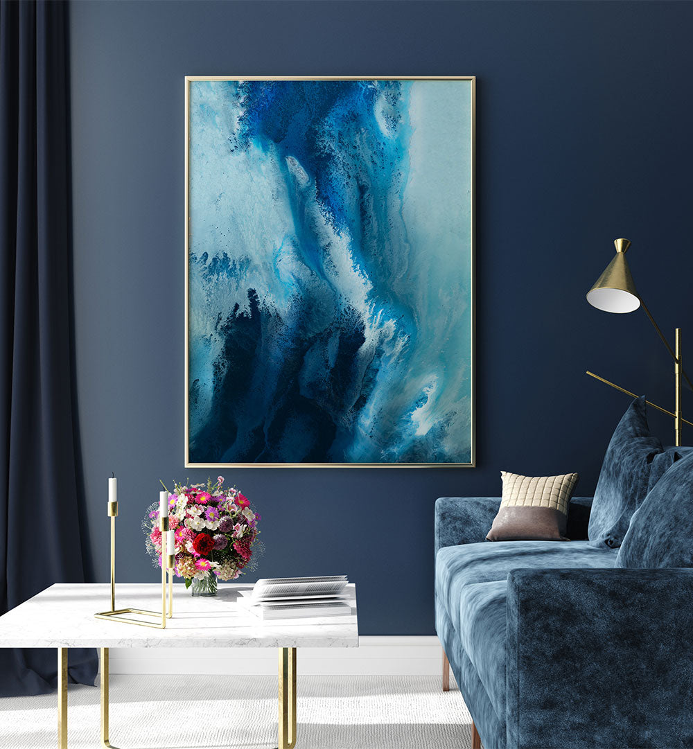 Stunning HAMPTONS, ABSTRACT PAINTINGS in a chic living room, featuring vibrant blues and unique textures for elegance.
