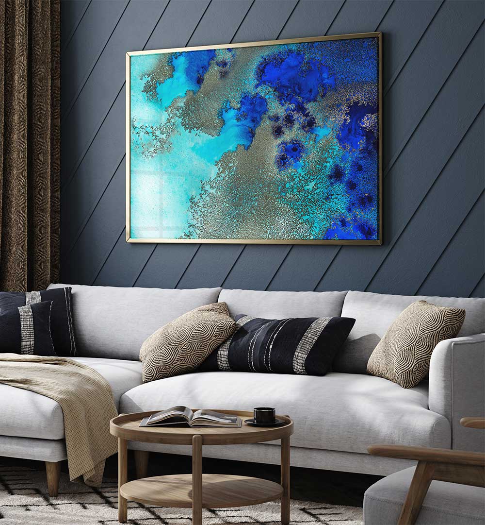 Vibrant FIJI CORAL RESONANCE, ABSTRACT PAINTINGS art piece enhancing a cozy living room decor with stunning colors.