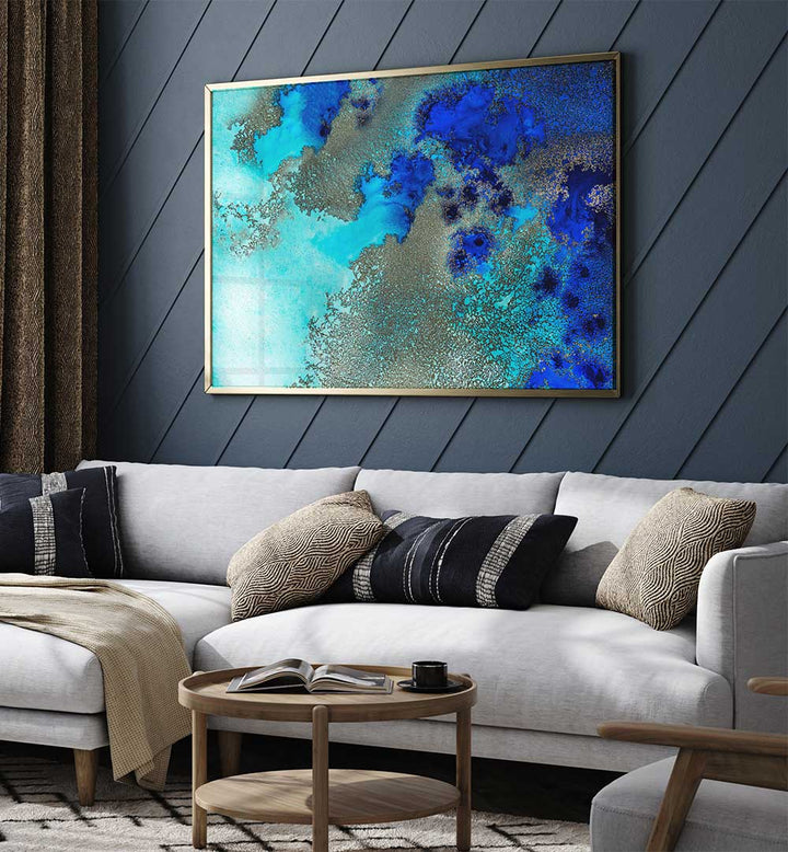 Vibrant FIJI CORAL RESONANCE, ABSTRACT PAINTINGS art piece enhancing a cozy living room decor with stunning colors.