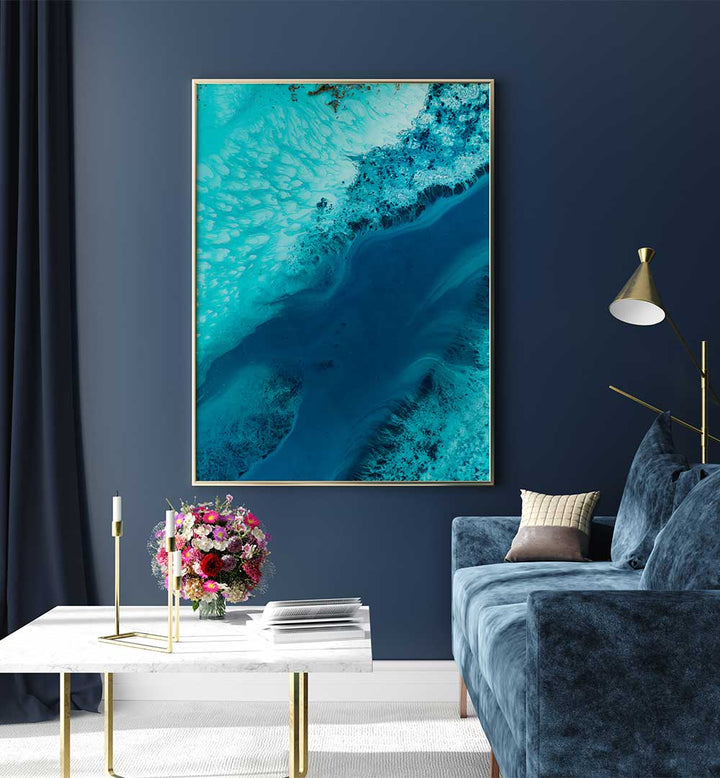 SALT WATER PASSAGE II, ABSTRACT PAINTINGS featured in a stylish living room, enhancing modern decor with vibrant colors.