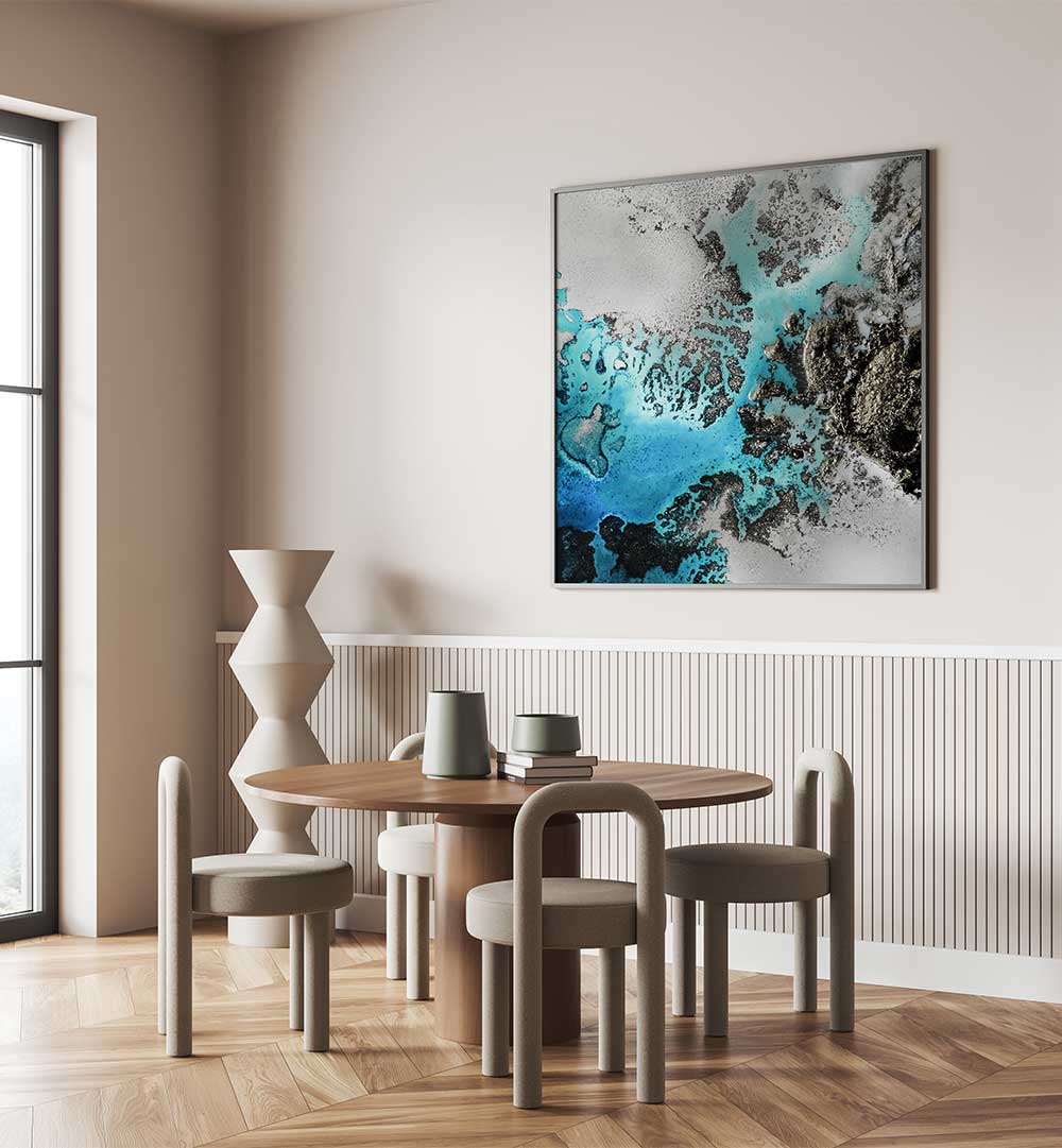 Stunning TURQUOISE CORAL VIBES, ABSTRACT PAINTINGS enhancing a modern dining space with vibrant hues and energy.
