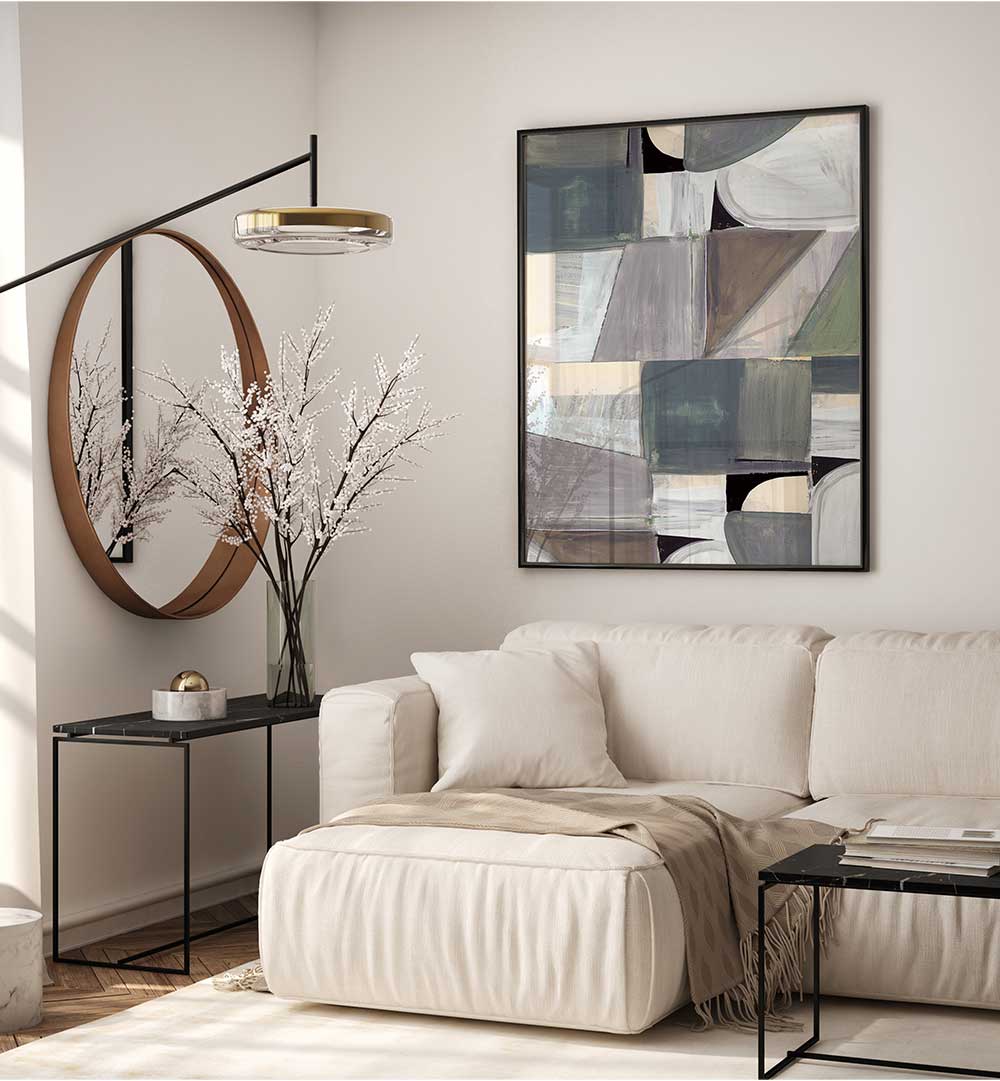 Stylish living room featuring ABSTRACT DESATURATE I, GEOMETRIC ART PRINTS, enhancing modern decor with geometric elegance.
