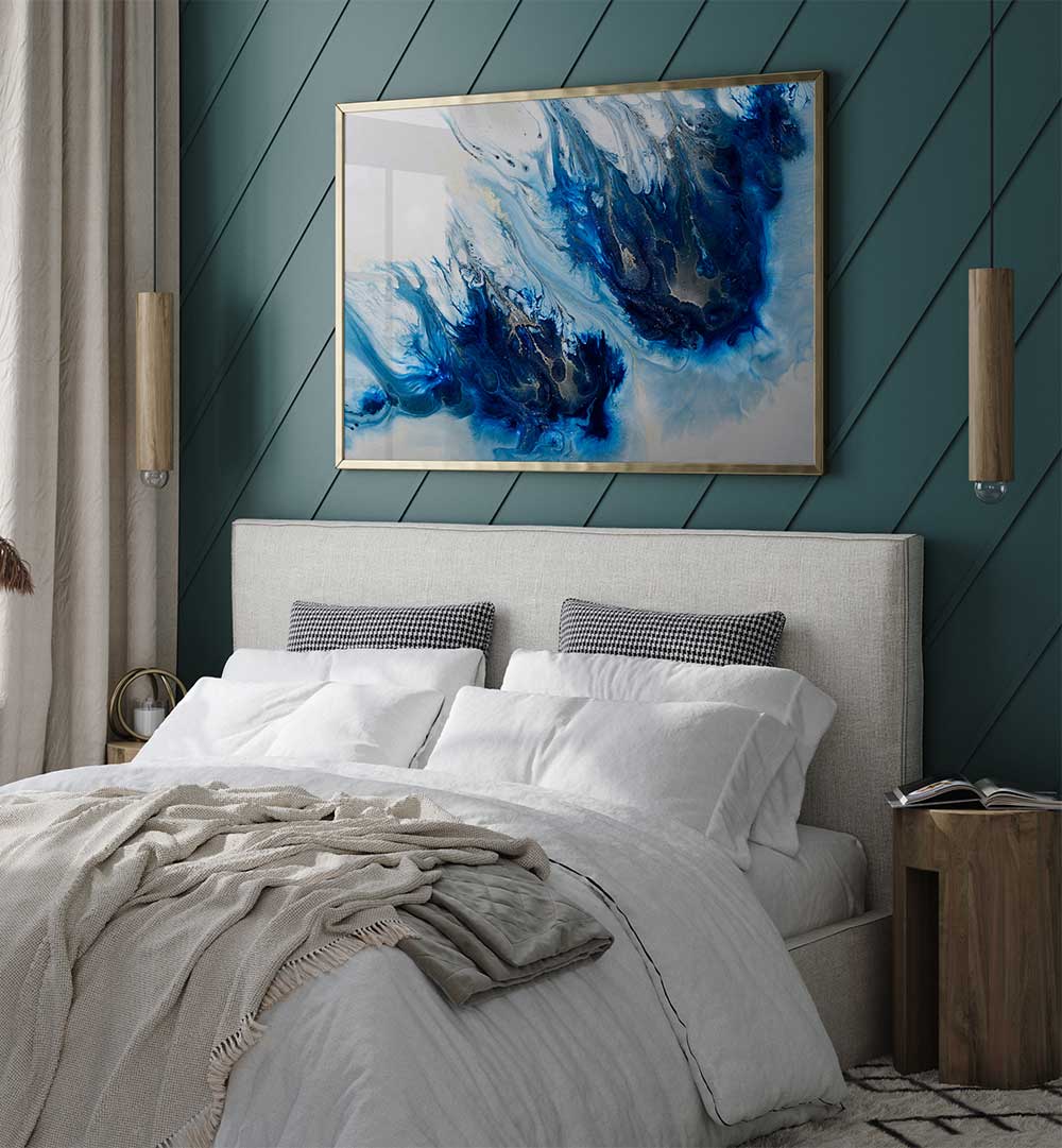 Transform your space with POPULAR - VIBRANCE, ABSTRACT PAINTINGS, showcasing stunning blue tones in a stylish bedroom.